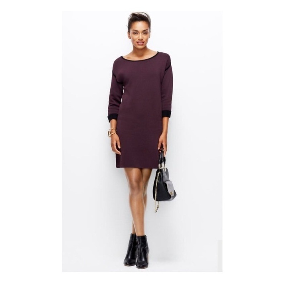 Ann Taylor Petite Plum Purple Sheath Sweater Dress Black Trim 3/4 Sleeve MP NEW